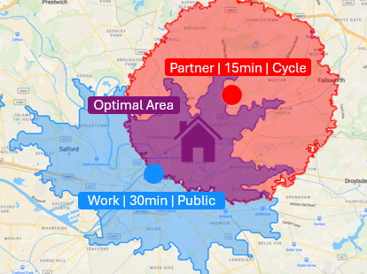 Isochrone Map showing two overlapping zones with optimal area